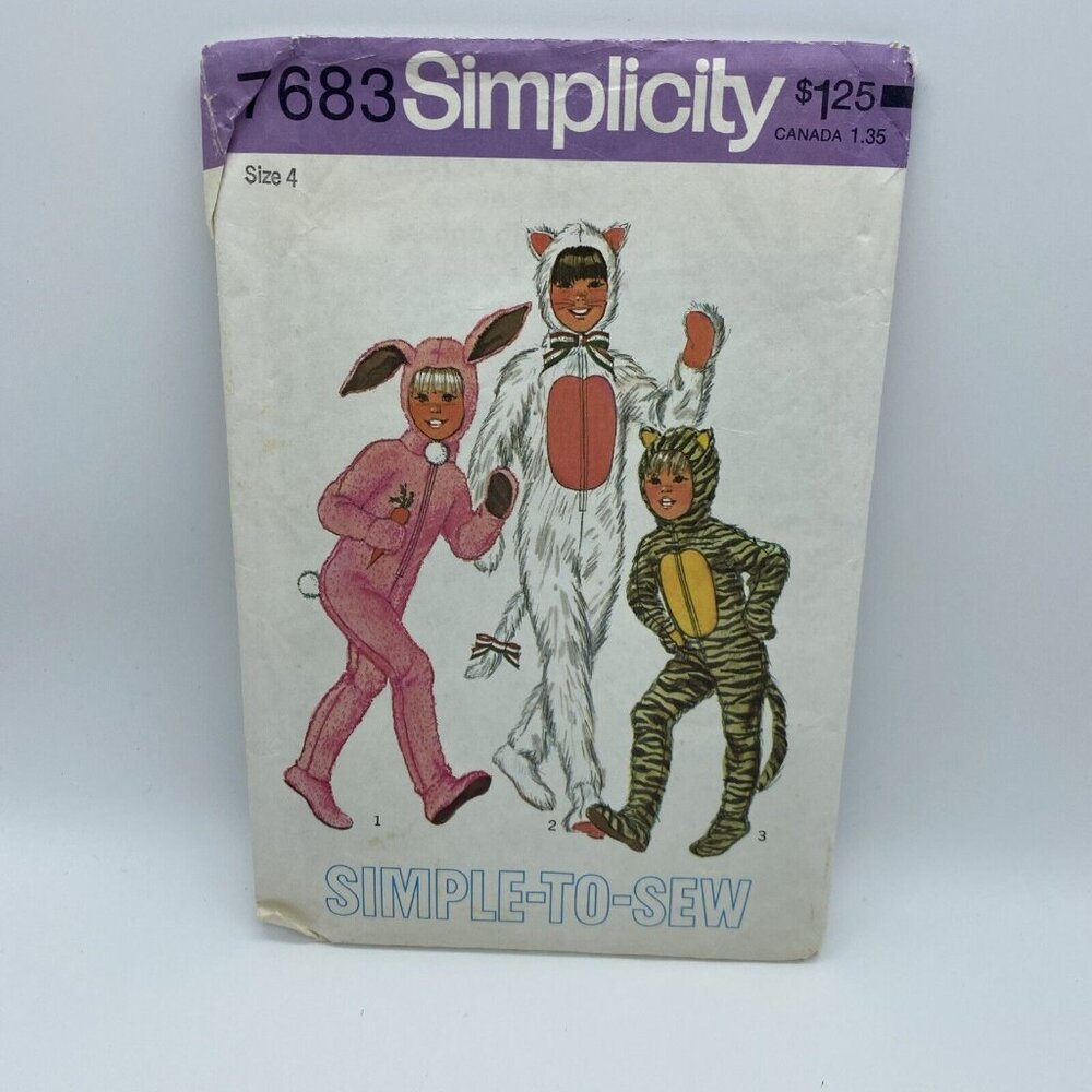 Simplicity 7683 Boys Girls Animal Costumes w/ Detach Head Size 4 Vintage Cut